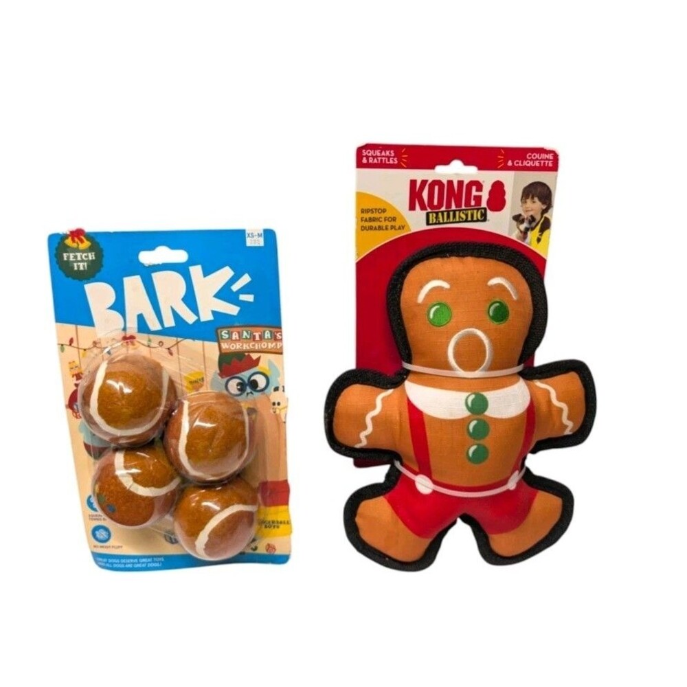 BARK Gingerball Boys Tennis Balls & KONG Ballistic Gingerbread Dog Toy Lot New